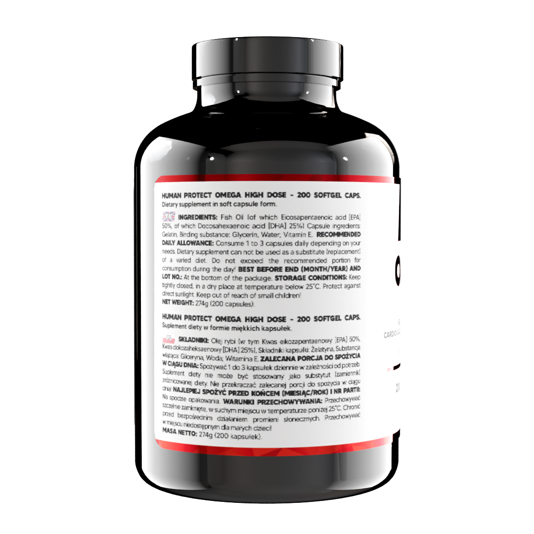 Omega 3 High Dose 200 Softgel-Kapseln, Zutaten-Info auf Rückseite der Flasche