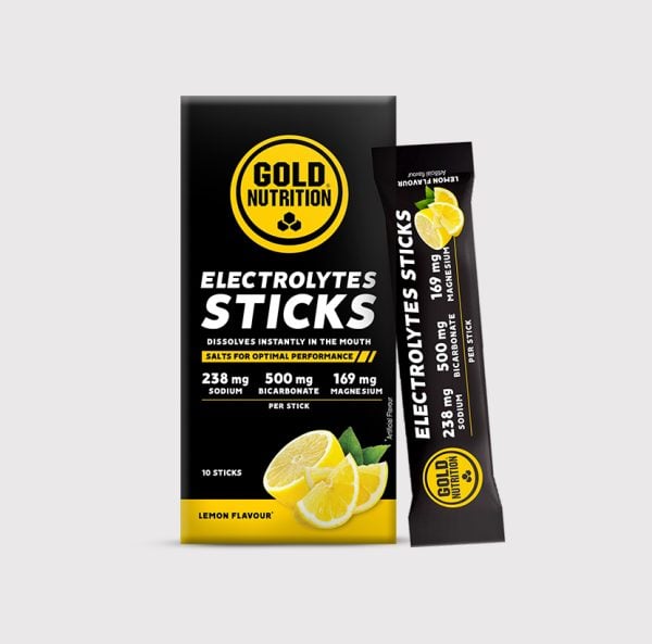 Electrolyte sticks in lemon flavor, box and single stick sachet