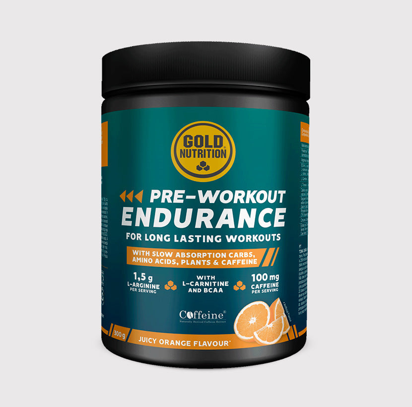 Gold Nutrition Pre-Workout Endurance supplement tub, black lid, orange/citrus flavor, 300g