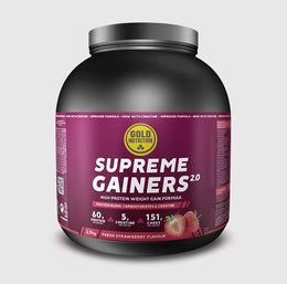 Gold Nutrition Supreme Gainers 2.0 Erdbeere Pulverdose, schwarze Dose mit lila Aufdruck