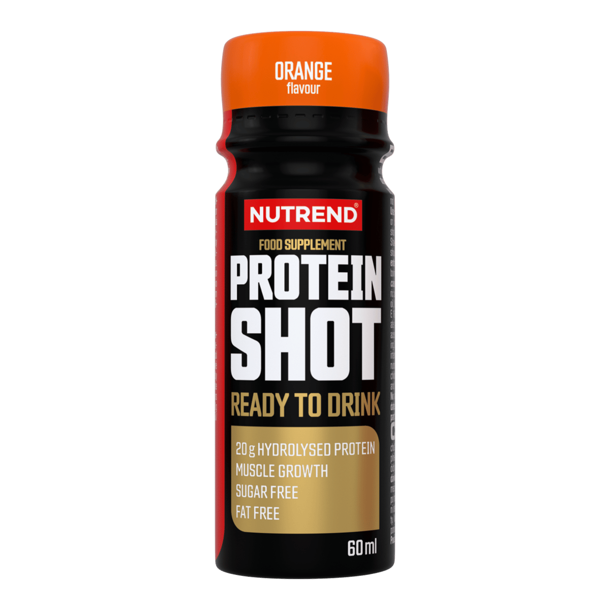 NUTREND Protein Shot 60 ml Orange, Trinkflasche mit schwarzer Flasche und orangefarbenem Deckel