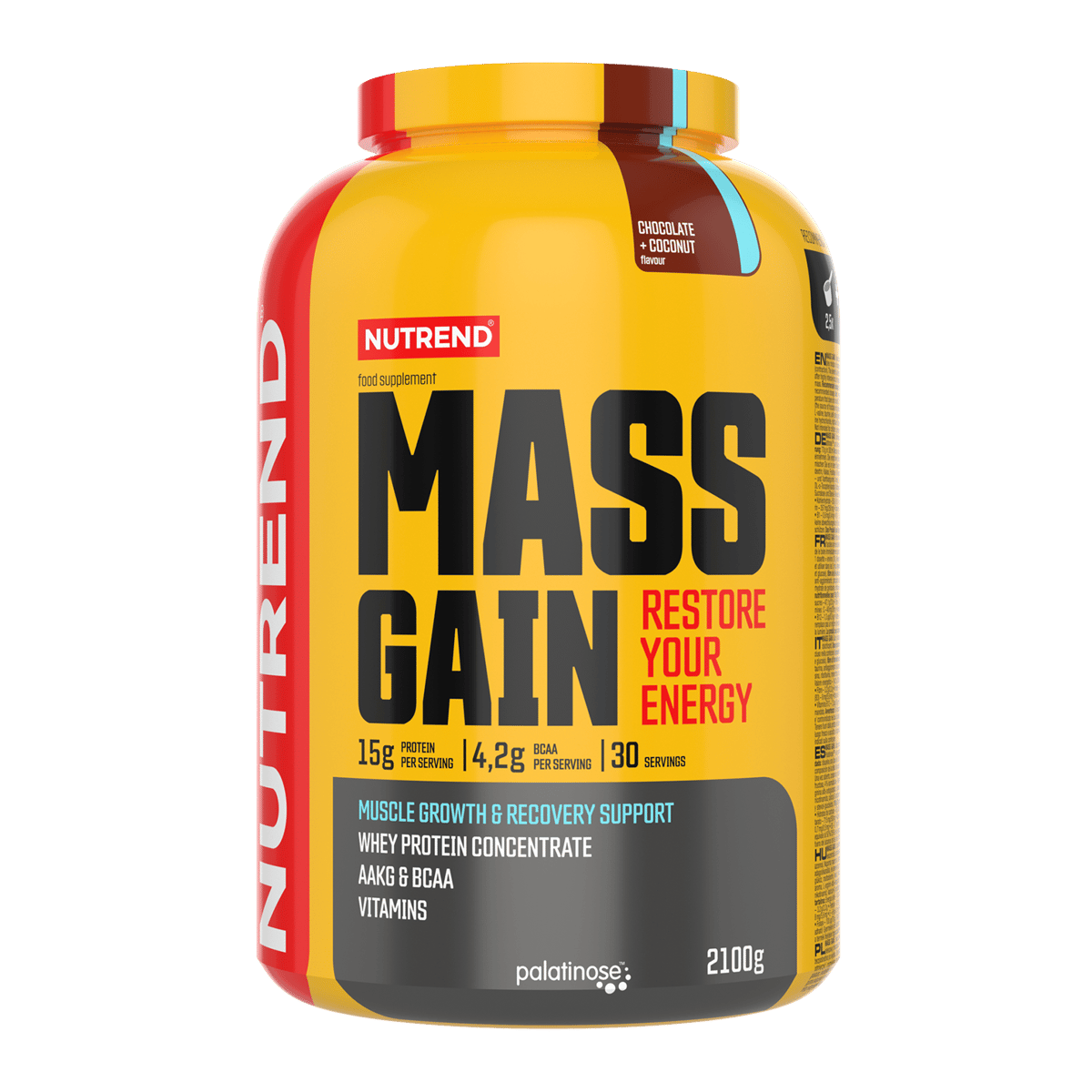 NUTREND Mass Gain 2100 g Schokolade-Kokos, gelber Behälter mit Aufdruck