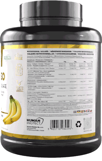 Pure ISO whey protein isolate jar with nutrition facts panel label, banana flavor
