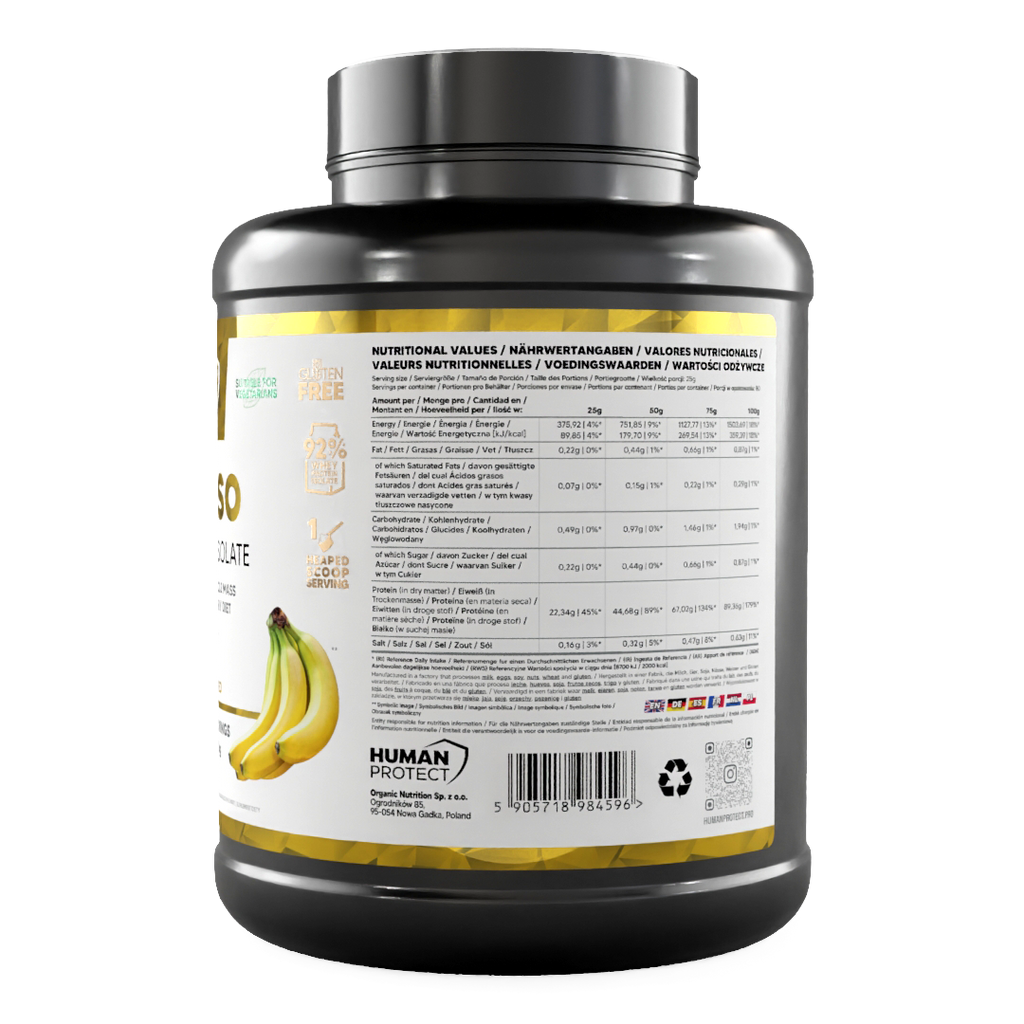 Pure ISO jar back label with nutrition facts, barcode icons, banana flavor