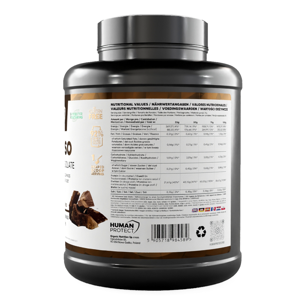 Pure ISO Whey Protein Isolat, Schokolade, 2000 g Dose – Rückseite mit Nährwerten