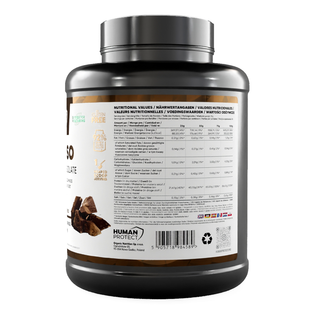 Pure ISO Whey Protein Isolat, Schokolade, 2000 g Dose – Rückseite mit Nährwerten