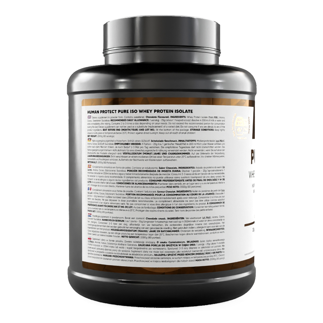 Pure ISO Whey Protein Isolat, Schokolade, 2000 g Dose – Rückseite mit Zutatenangaben