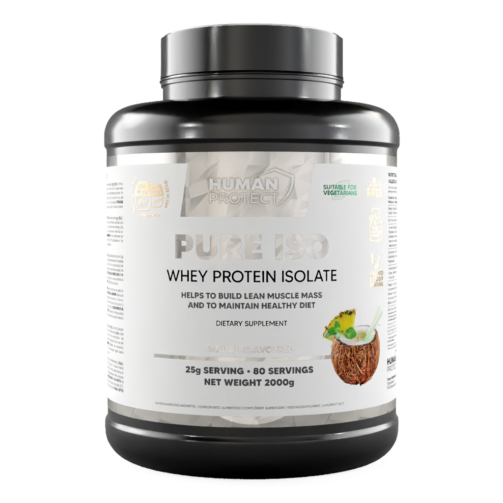 Pure Iso 2000g Malibu container front label with Pure Iso whey protein isolate text