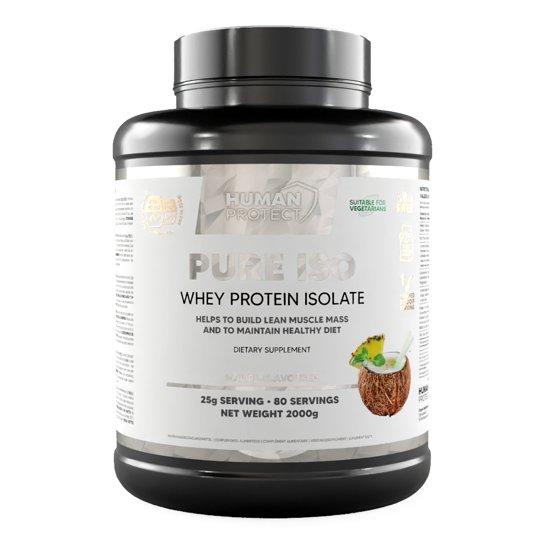 Pure Iso 2000g Malibu container front label with Pure Iso whey protein isolate text