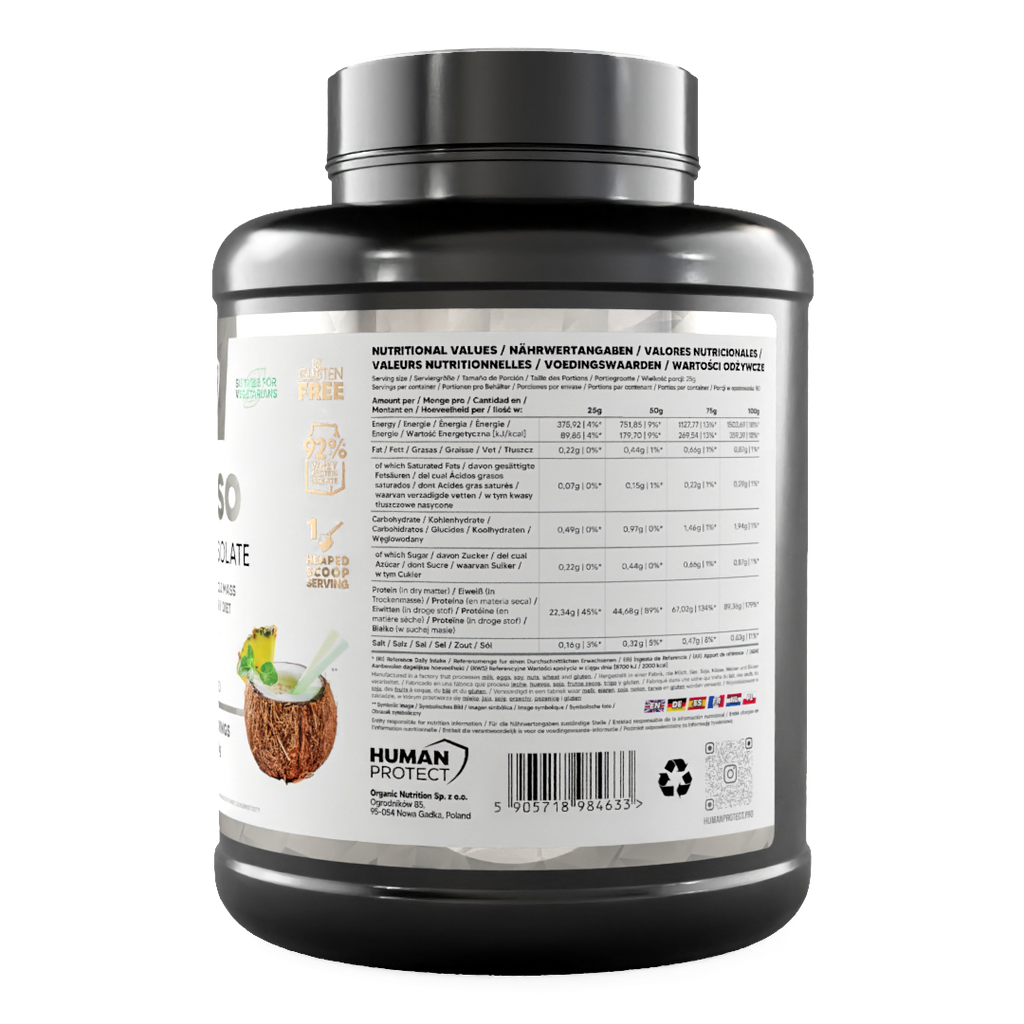 Pure Iso 2000g Malibu container nutrition facts panel with ingredients and icons