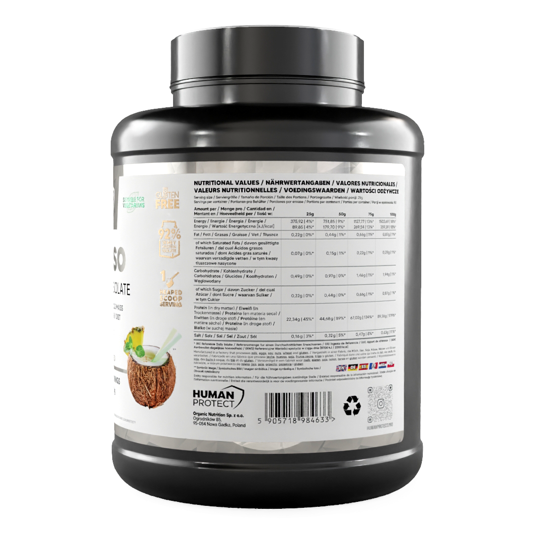 Pure Iso 2000g Malibu container nutrition facts panel with ingredients and icons