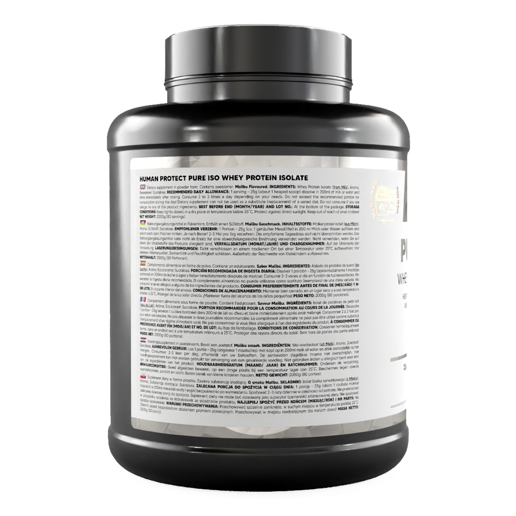 Pure Iso 2000g Malibu container back label with ingredient information and directions