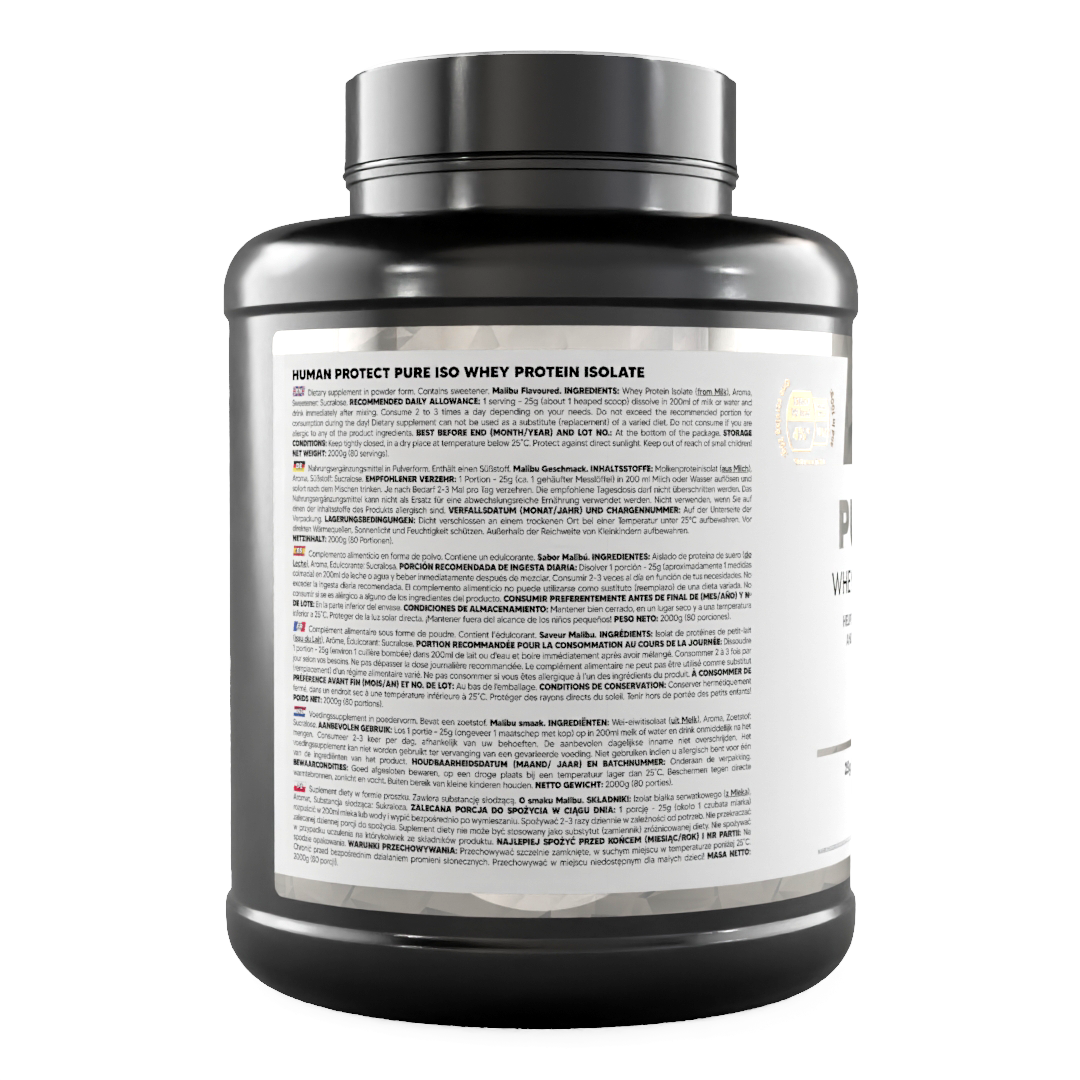 Pure Iso 2000g Malibu container back label with ingredient information and directions