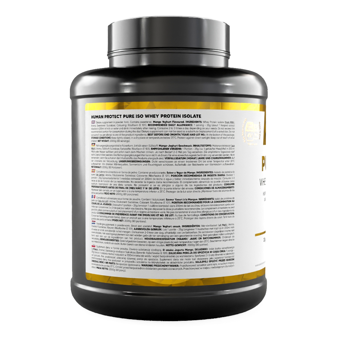 Back label with ingredient and usage text on Pure ISO whey protein isolate, mango yoghurt