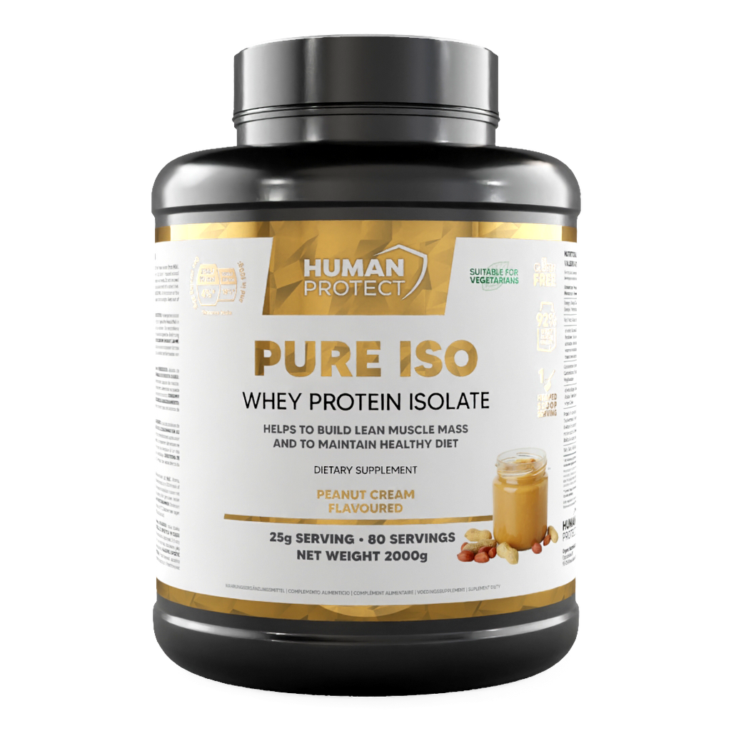 Pure ISO whey protein isolate peanut cream 2000g, front label on supplement tub