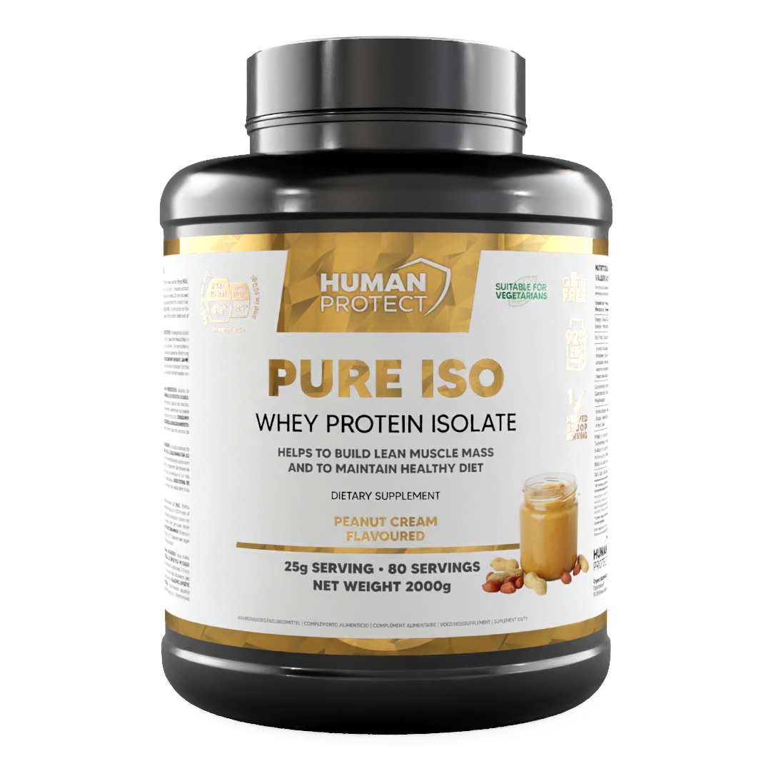 Pure ISO whey protein isolate peanut cream 2000g, front label on supplement tub