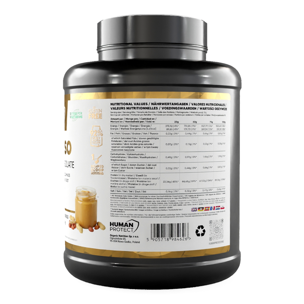 Pure ISO nutrition facts panel on 2000g peanut cream whey protein isolate tub