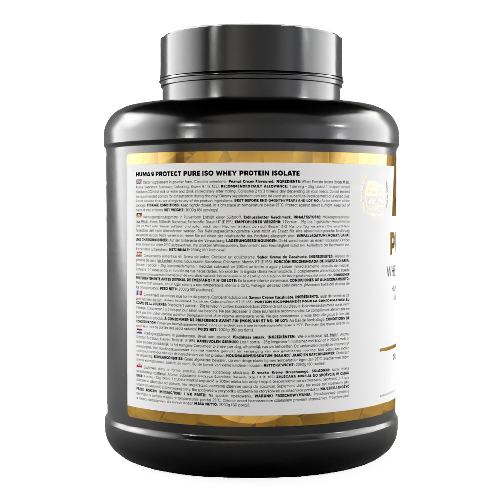 Pure ISO ingredients and directions on back of 2000g peanut cream whey protein tub