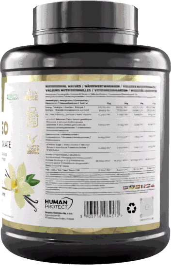 Pure ISO whey protein isolate tub, side label and vanilla flower graphic