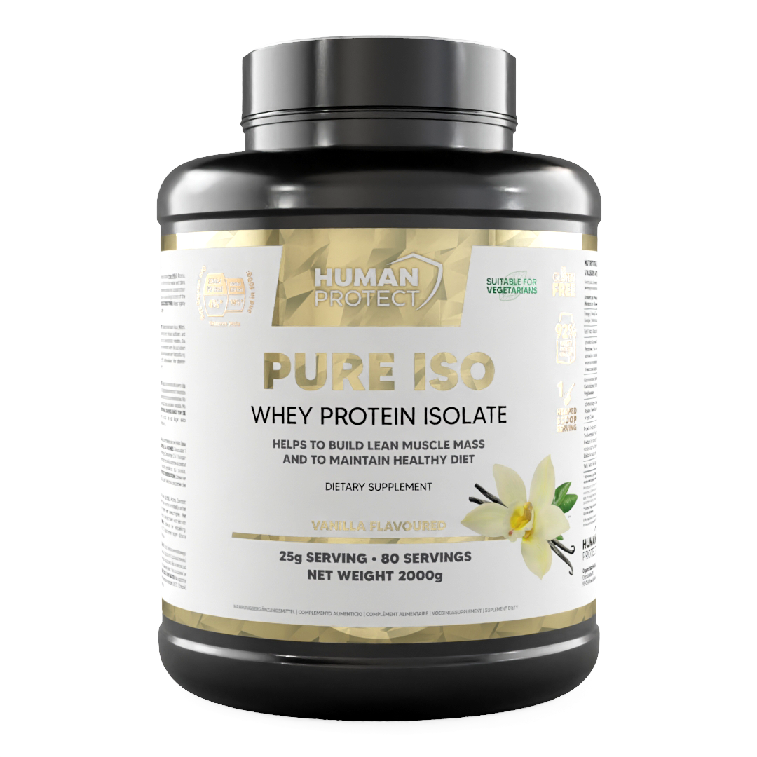 Pure ISO whey protein isolate, vanilla flavour label on protein tub (2000g)