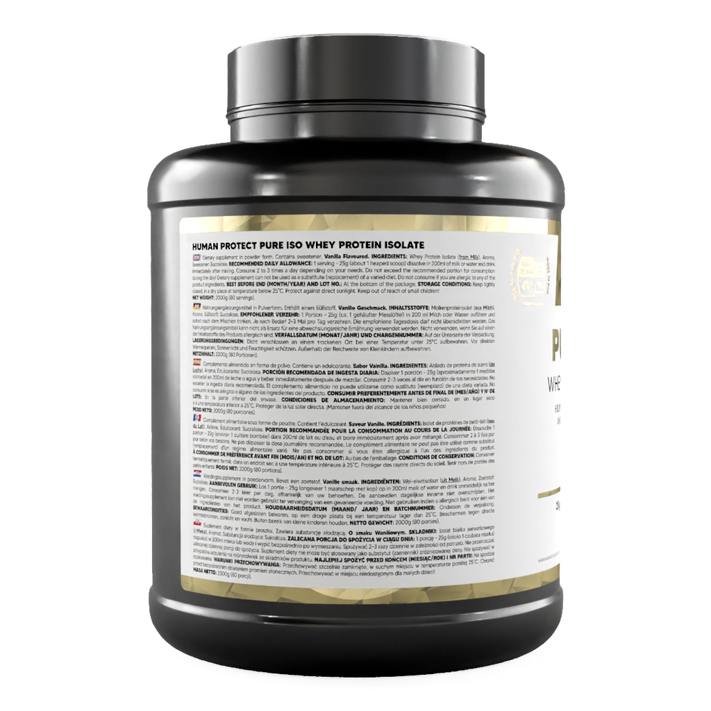 Pure ISO whey protein isolate tub, back ingredients text panel
