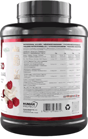 Pure ISO 2000g protein isolate tub, back label with nutrition facts