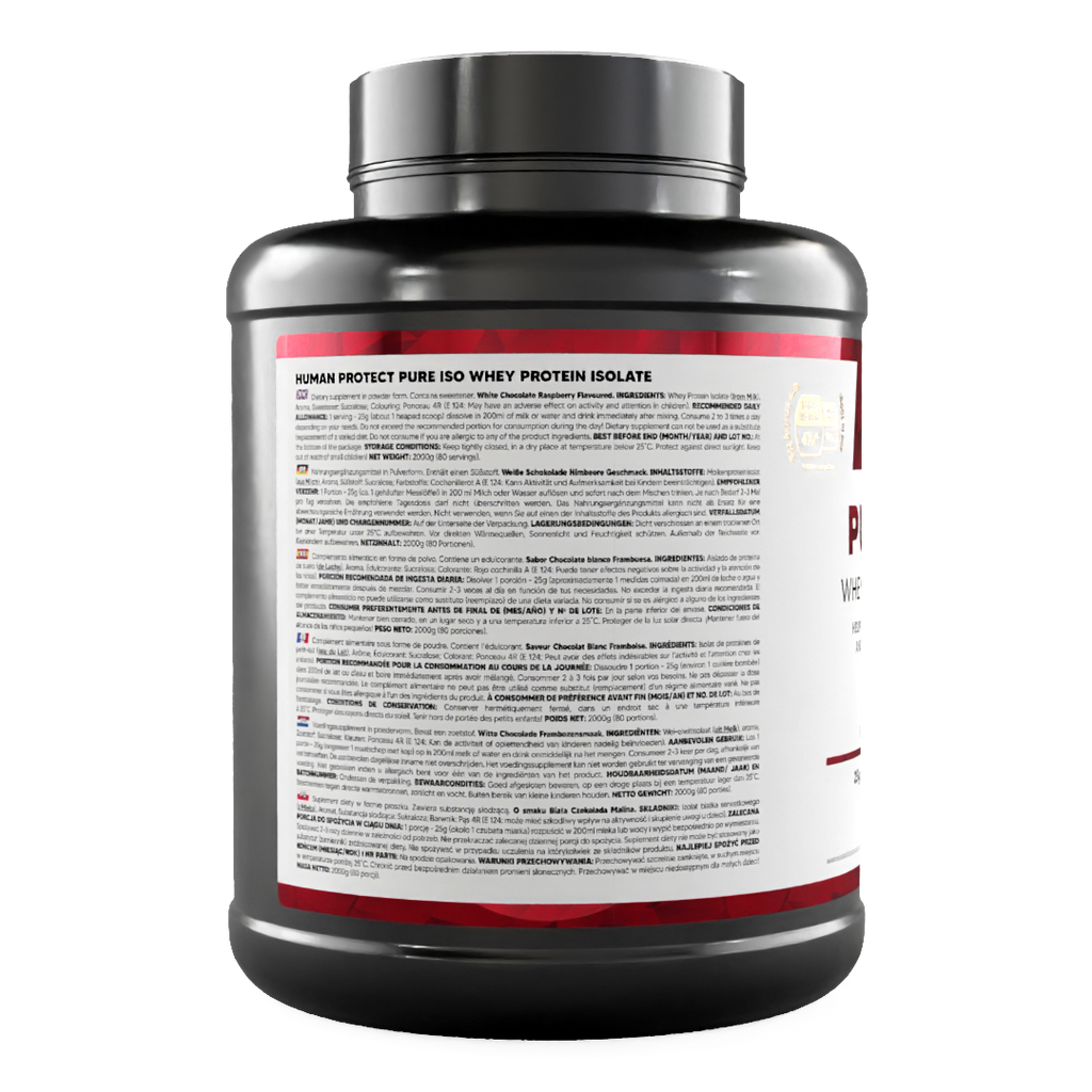 Pure ISO whey protein isolate tub, back label with ingredients information