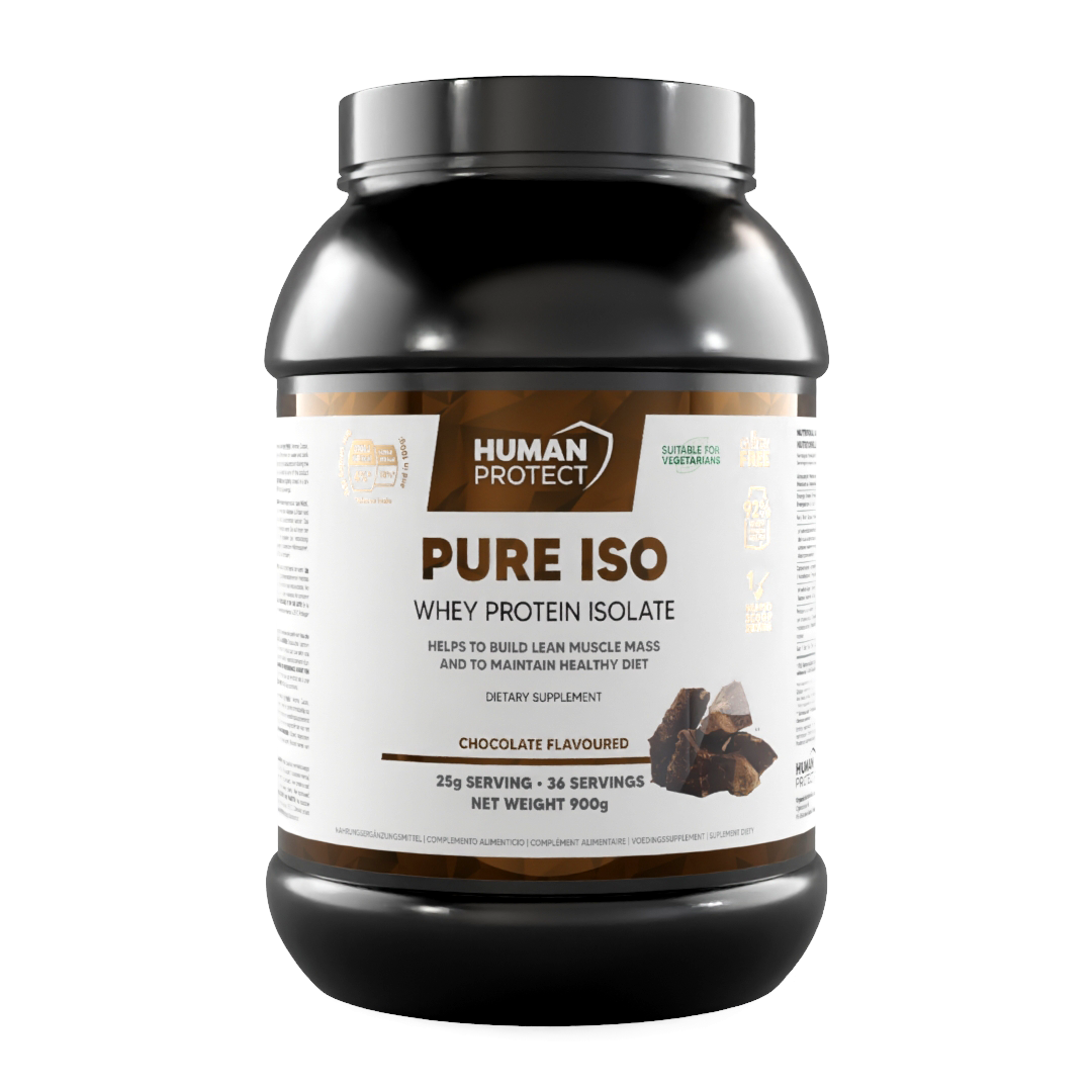 Pure Iso Whey Protein Isolat 900 g, Schokoladen-Flavor Dose mit Vorderetikett
