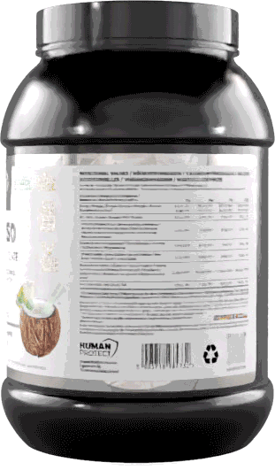 Pure ISO Whey Protein Isolat Dose, Frontetikett mit Kokosnuss- und Kokosmotiv