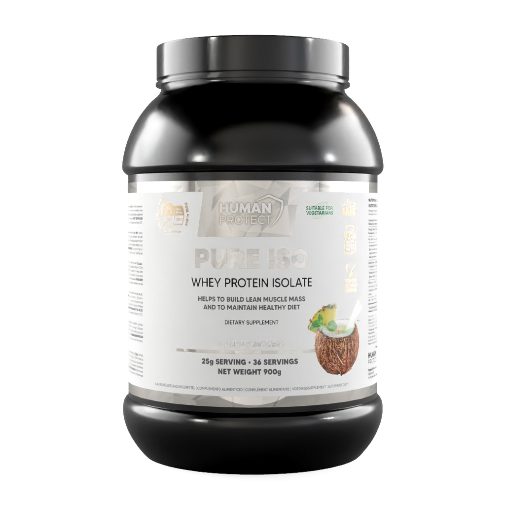 Human Protect Pure ISO Whey Protein Isolate Dose, Vorderseite mit Produktangaben