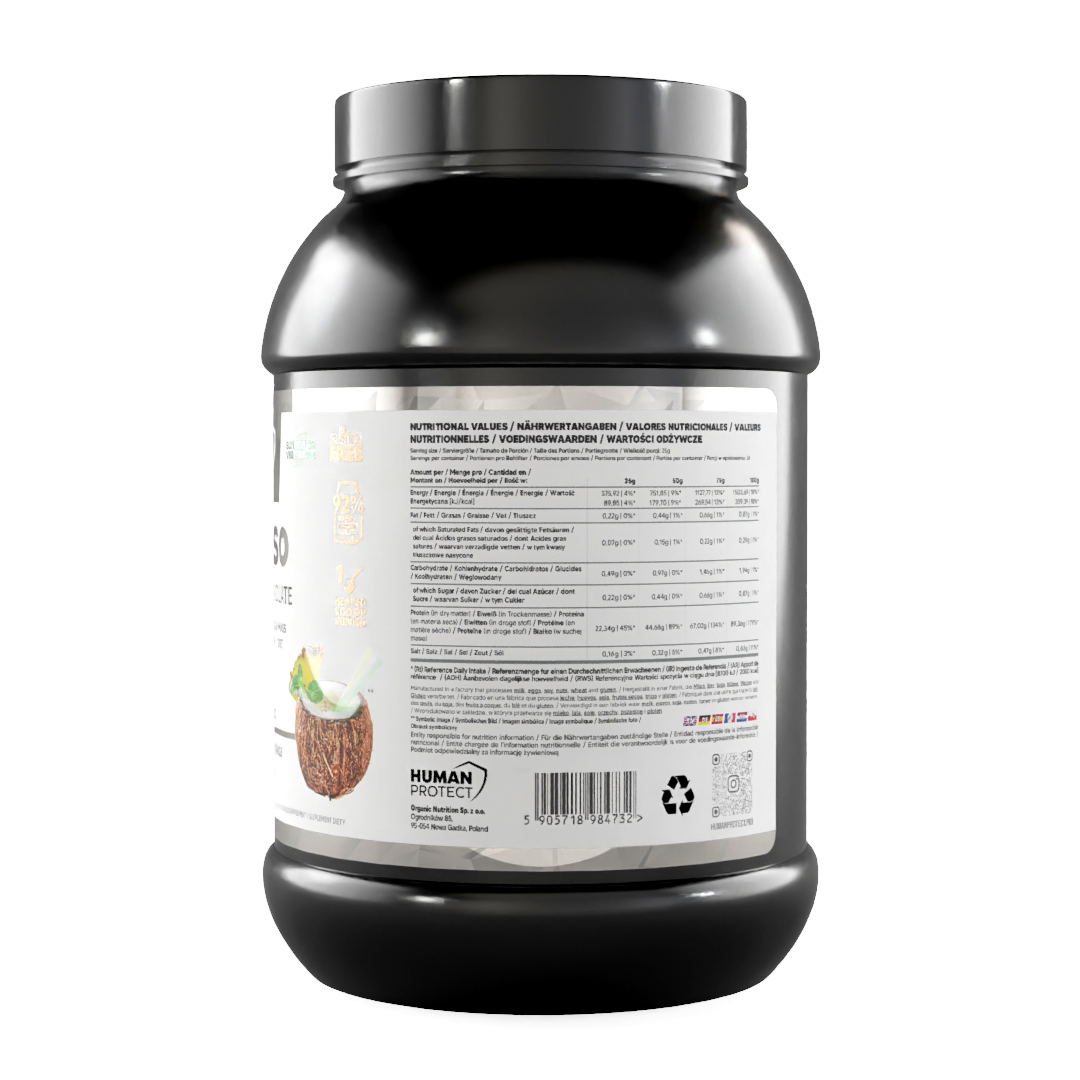Pure ISO Dose mit Rückseitenetikett, Nährwerttabelle und Barcode/Recycle-Symbol