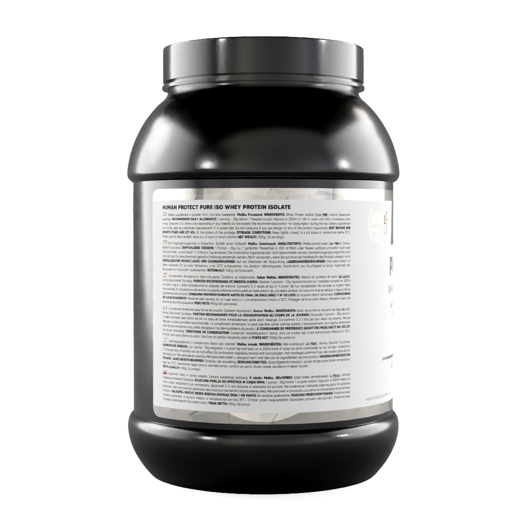 Whey Protein Isolate Dose, Rückansicht mit Inhaltsstoff- und Nährwertinformationen