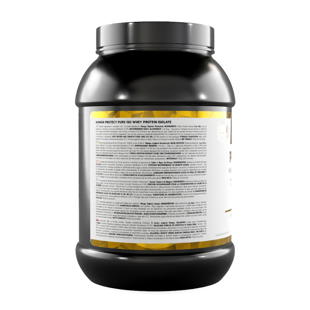 Pure ISO 900g jar, side label text and barcode on packaging back