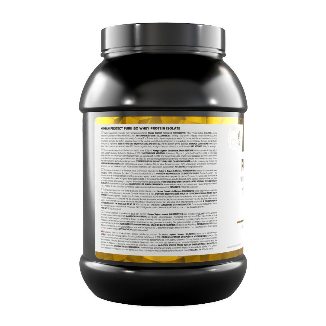 Pure ISO 900g jar, side label text and barcode on packaging back