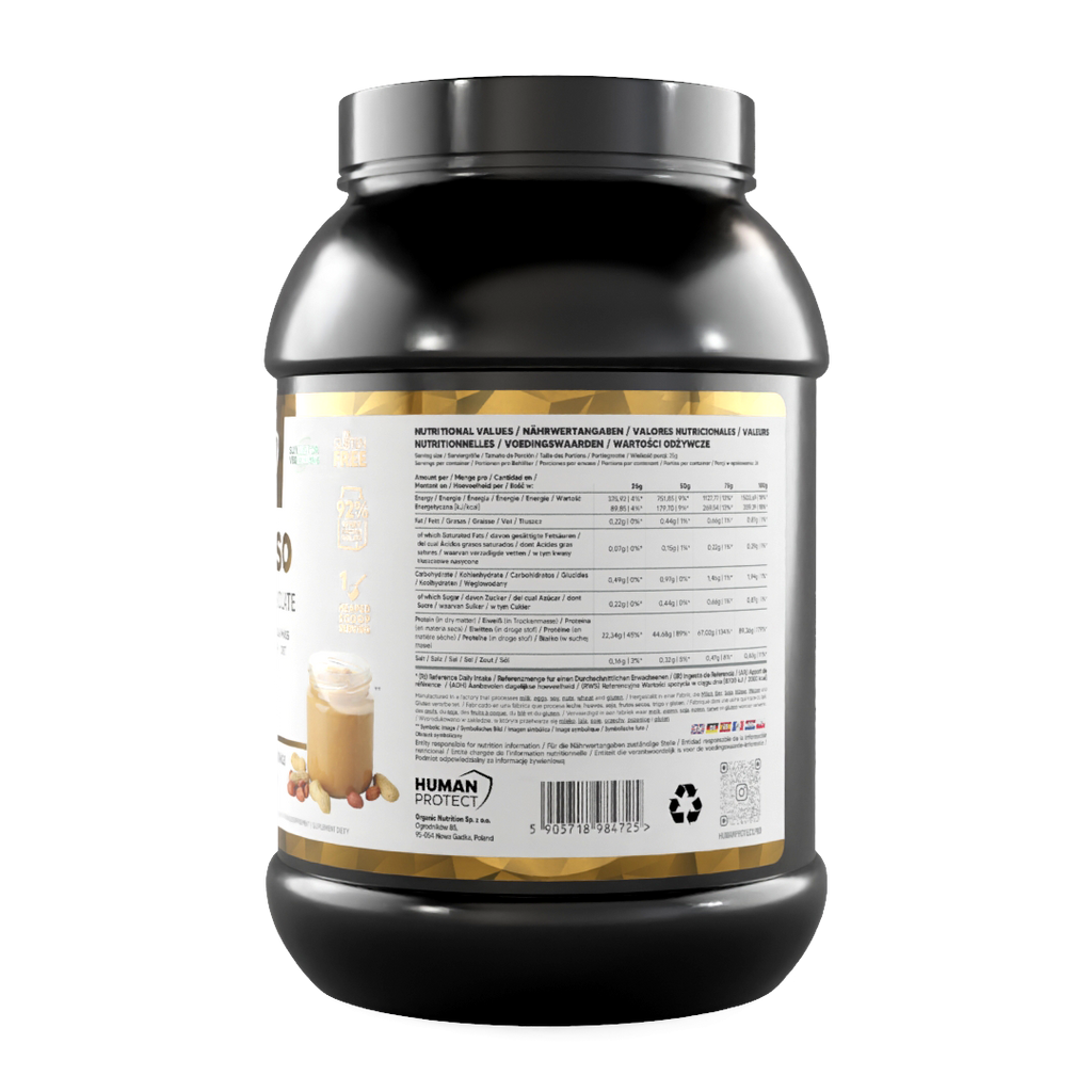 Pure Iso whey protein isolate 900g, nutritional values label on jar back