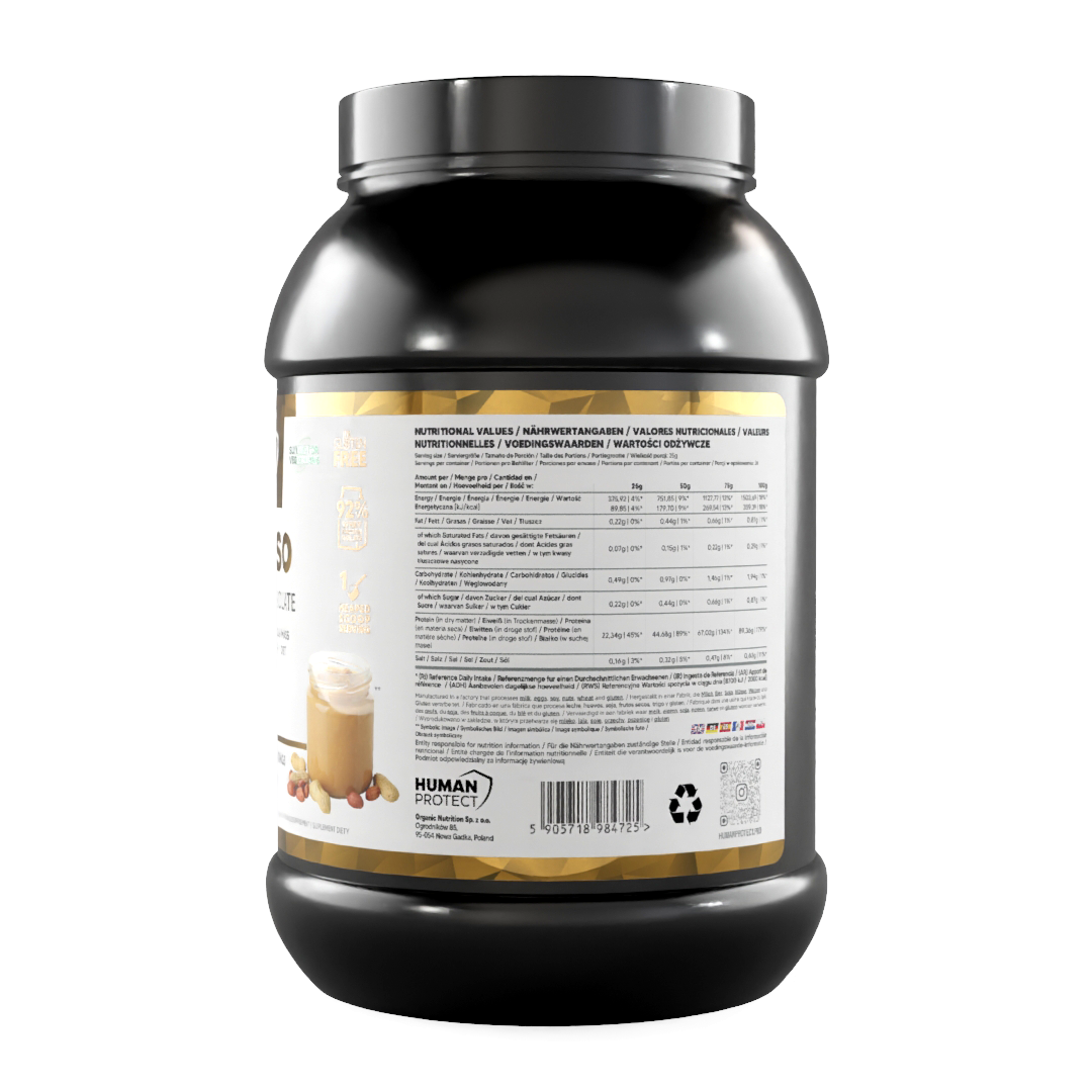 Pure Iso whey protein isolate 900g, nutritional values label on jar back