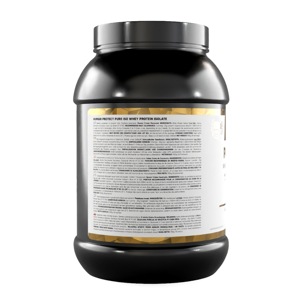 Pure Iso whey protein isolate 900g, ingredients and allergen info on jar back label