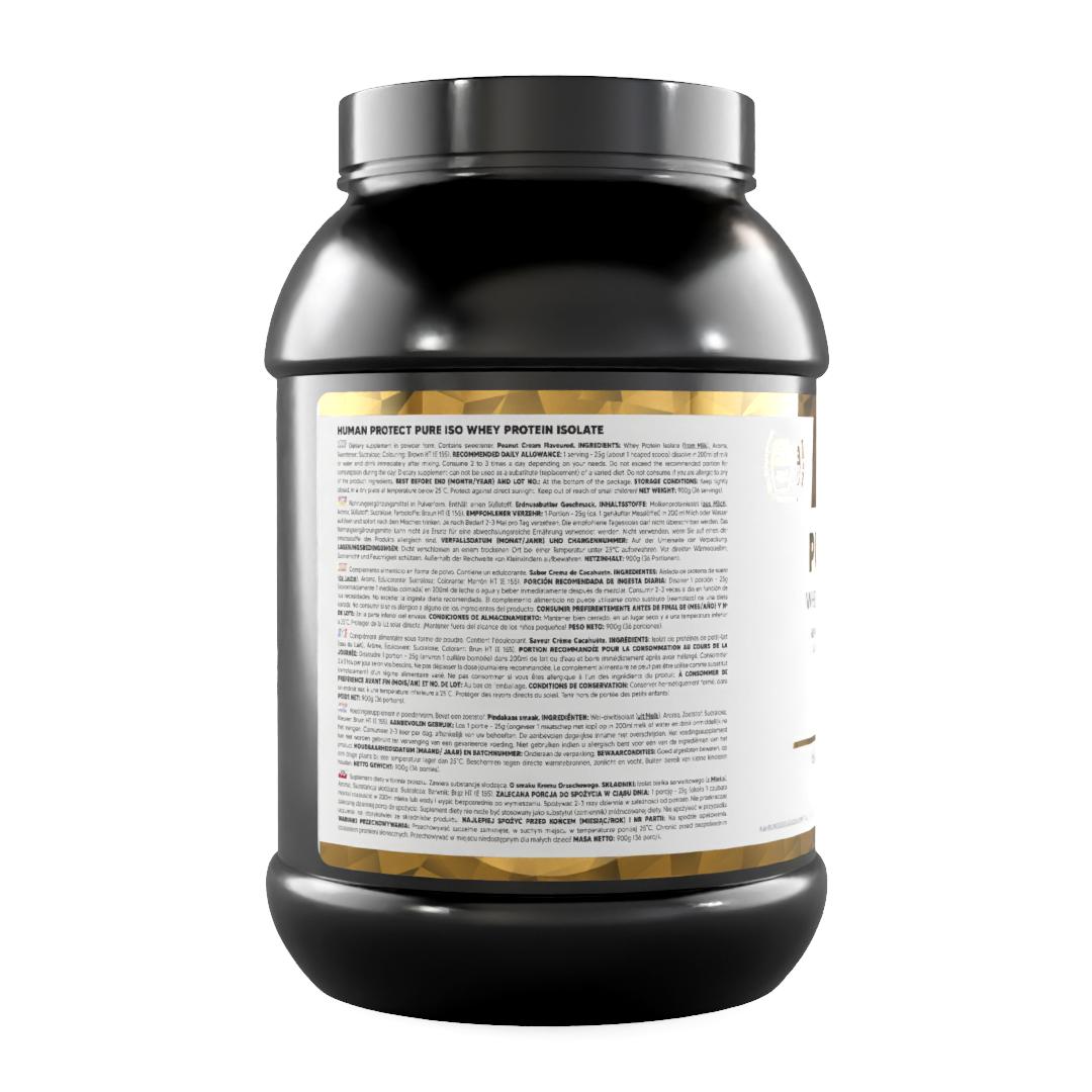 Pure Iso whey protein isolate 900g, ingredients and allergen info on jar back label