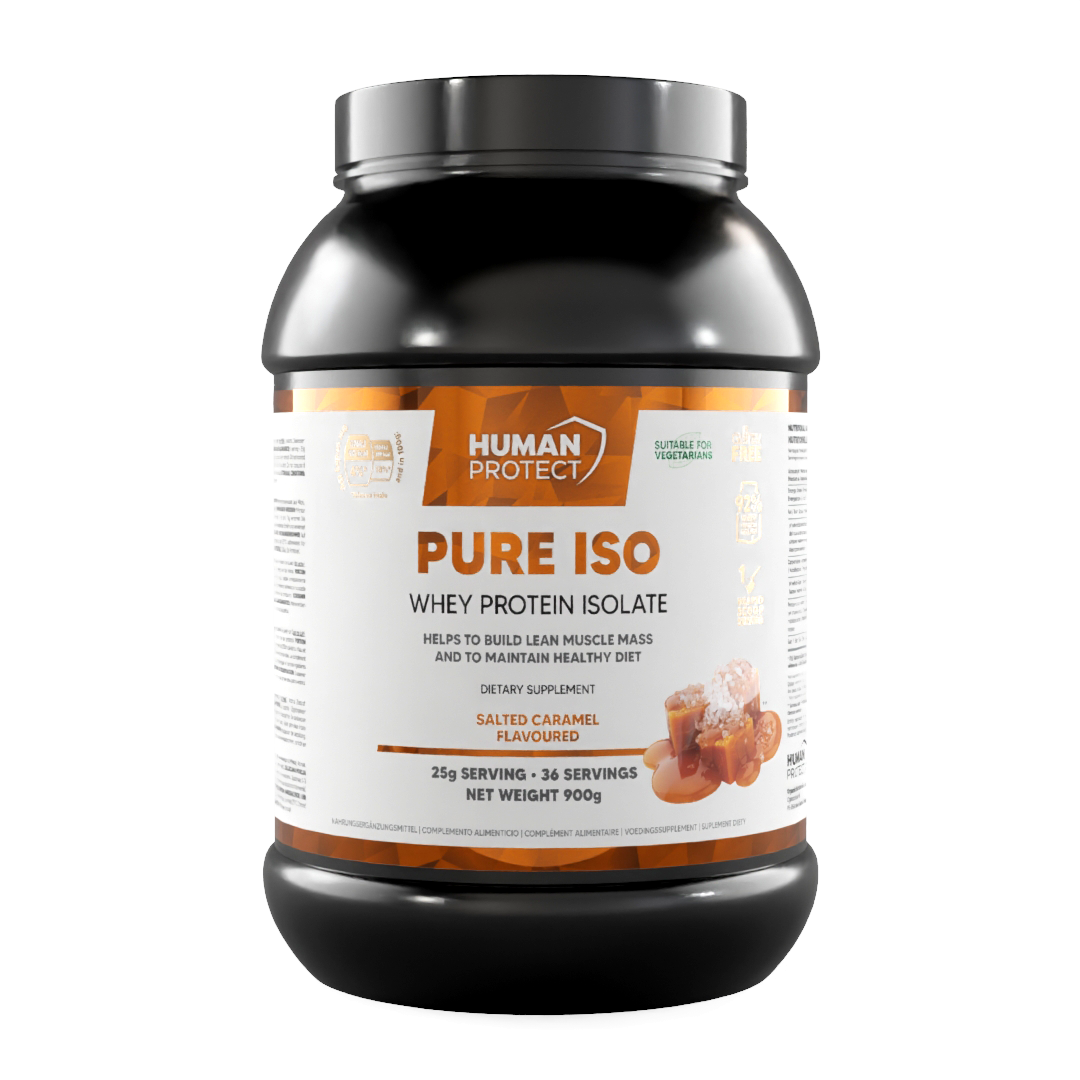 Pure Iso 900 g Salted Caramel whey protein isolate tub, side label details