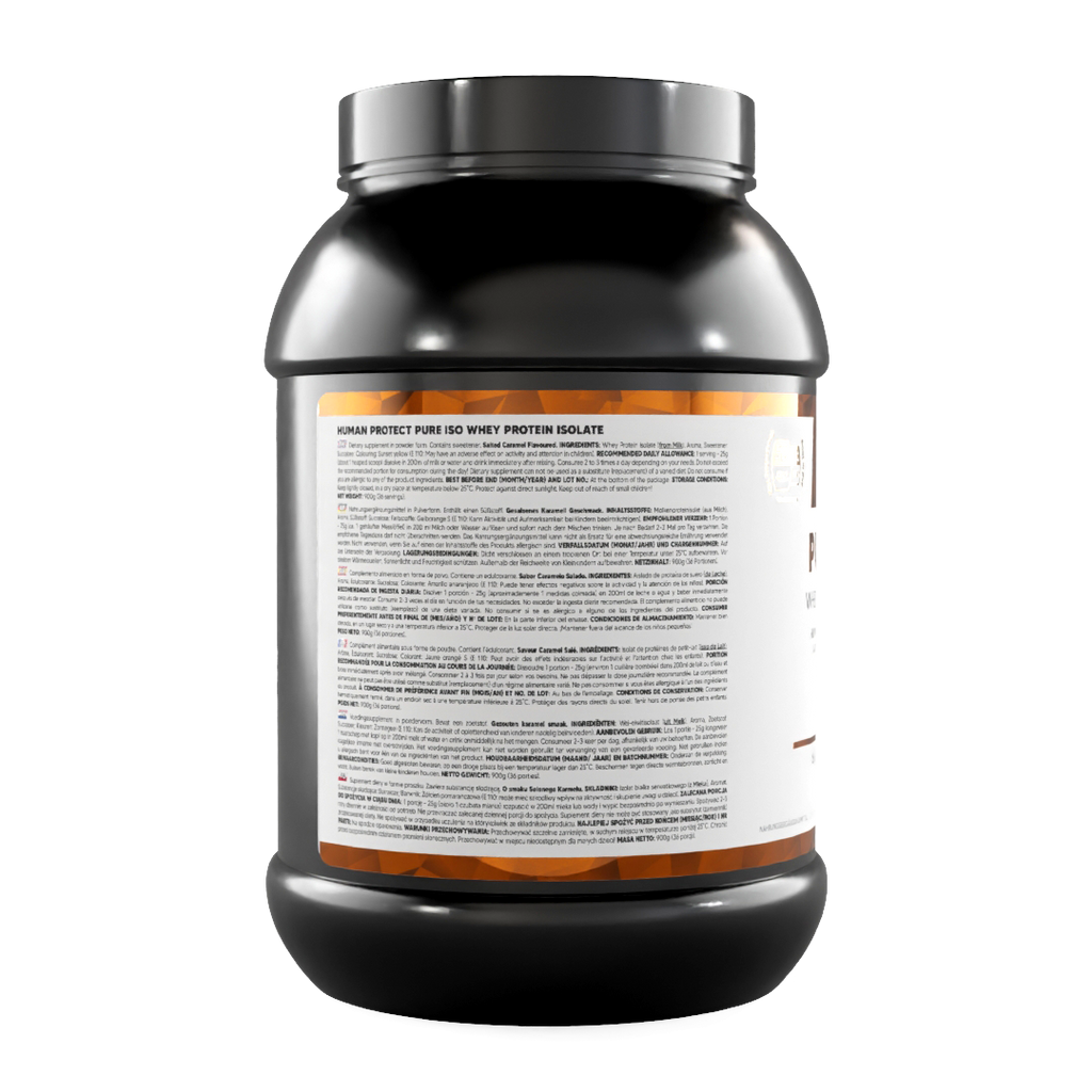 Pure Iso 900 g Salted Caramel whey protein isolate tub, back panel ingredient text