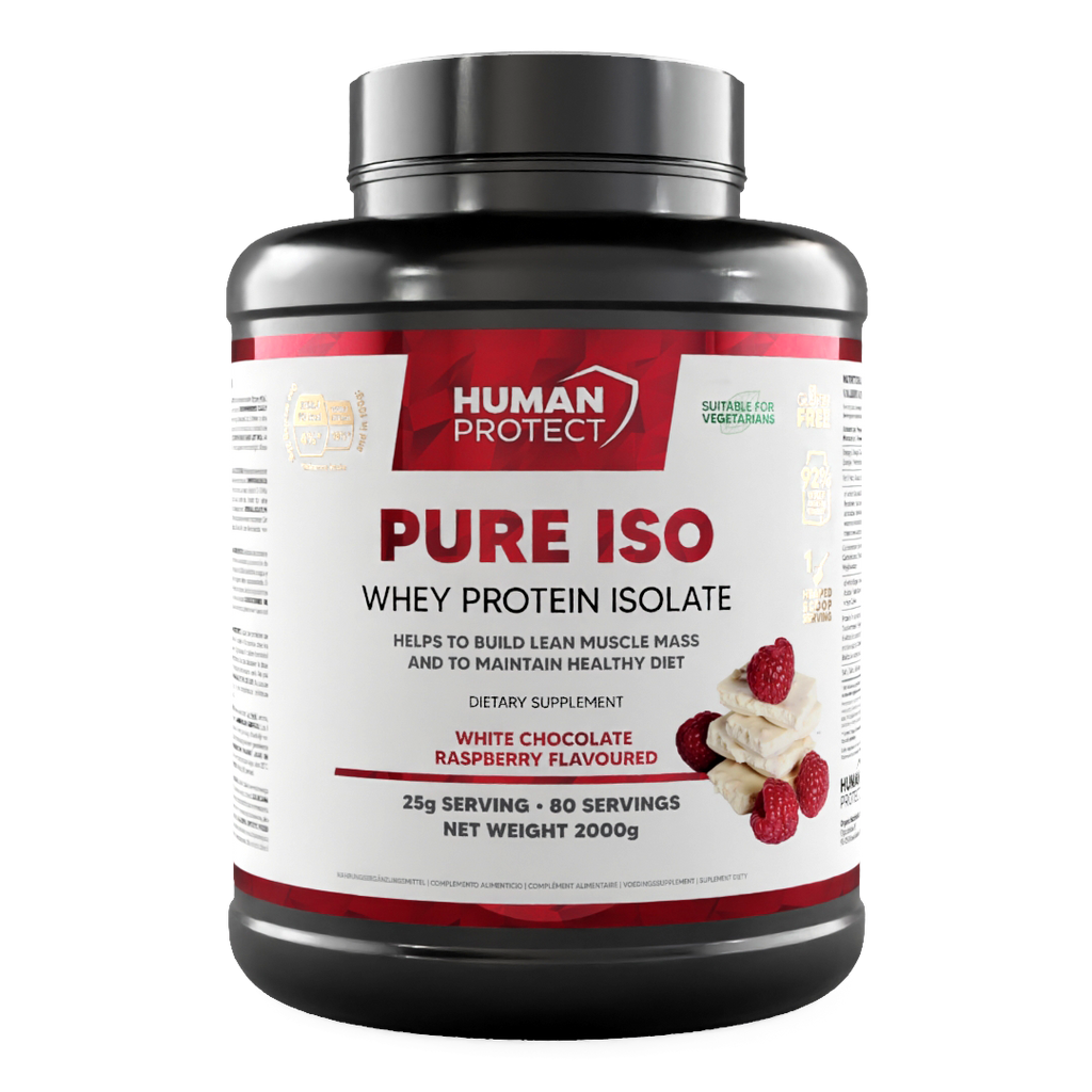 Pure ISO whey protein isolate tub, front label with white chocolate raspberry flavor