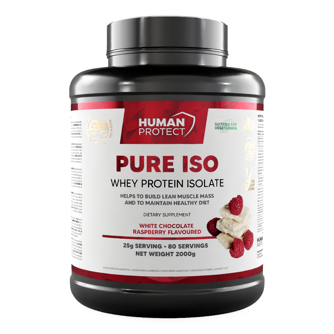 Pure ISO whey protein isolate tub, front label with white chocolate raspberry flavor