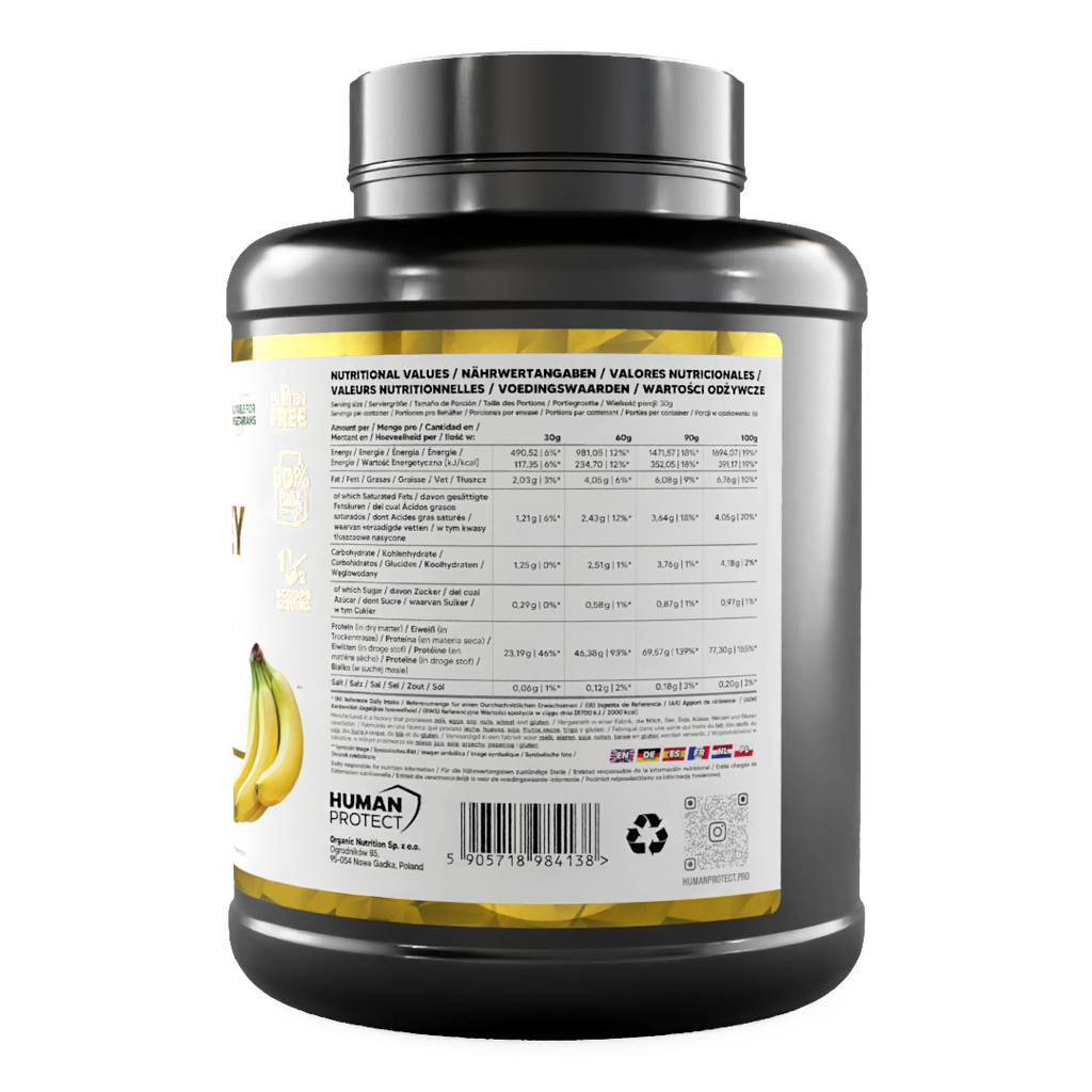 Pure Whey Banane 2000g Dose, Rückseite mit Nährwertangaben pro 100 g