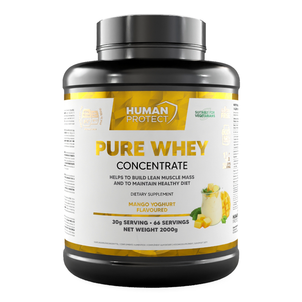 Pure Whey Concentrate Mango-Joghurt 2000g Dose, Frontlabel mit Serving-Angaben