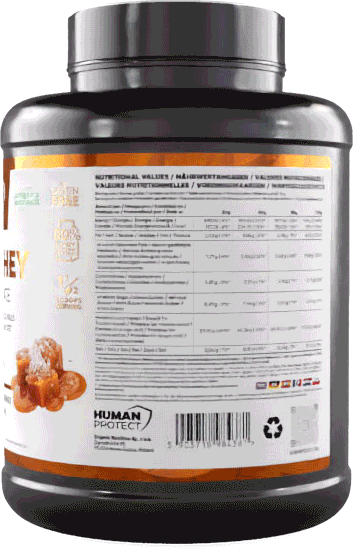 Pure Whey Salted Caramel powder tub, nutrition table and barcode close-up