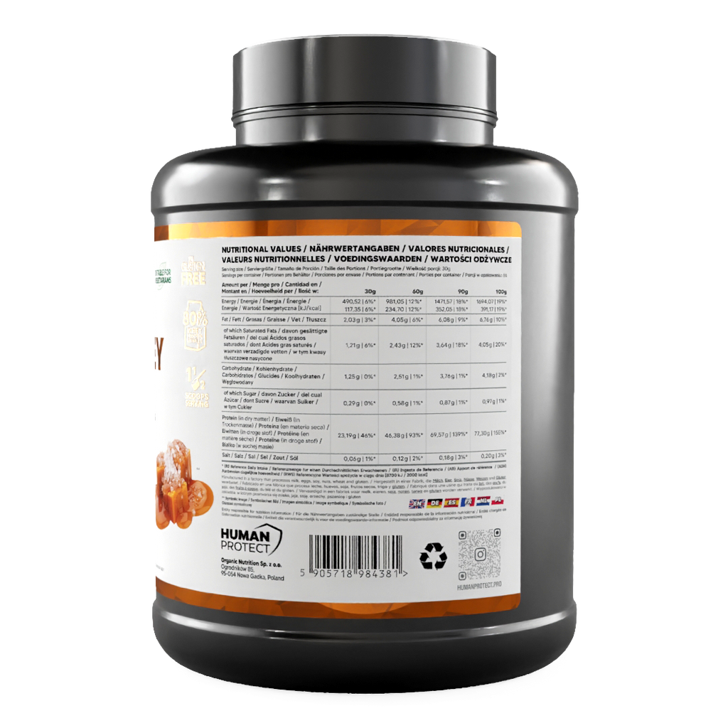 Pure Whey Salted Caramel nutrition facts panel on powder tub