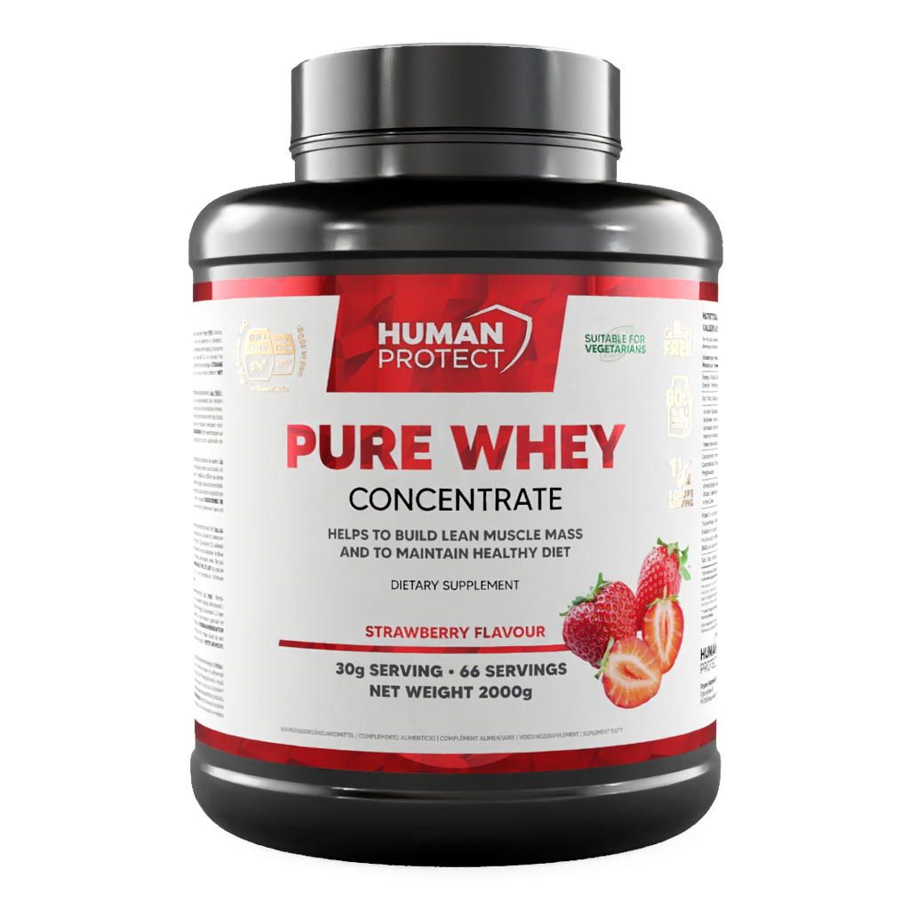 Human Protect Pure Whey concentrate tub, strawberry flavor, 2000g size, front label