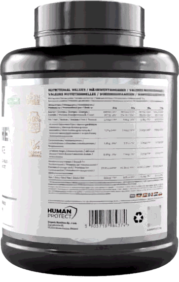 Whey protein powder tub, silver lid, back label with barcode and ingredients