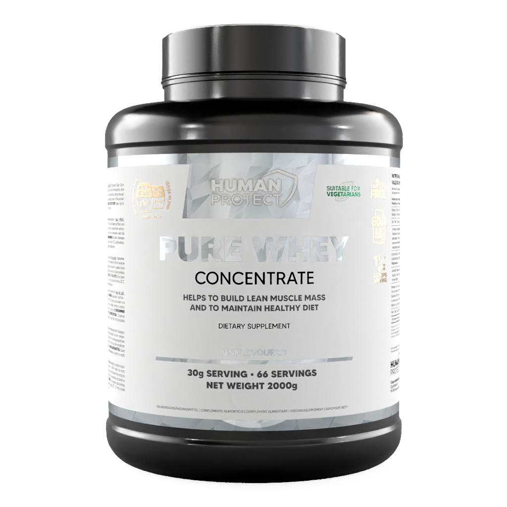 Human Protect Pure Whey Concentrate protein tub, front label, 2000 g