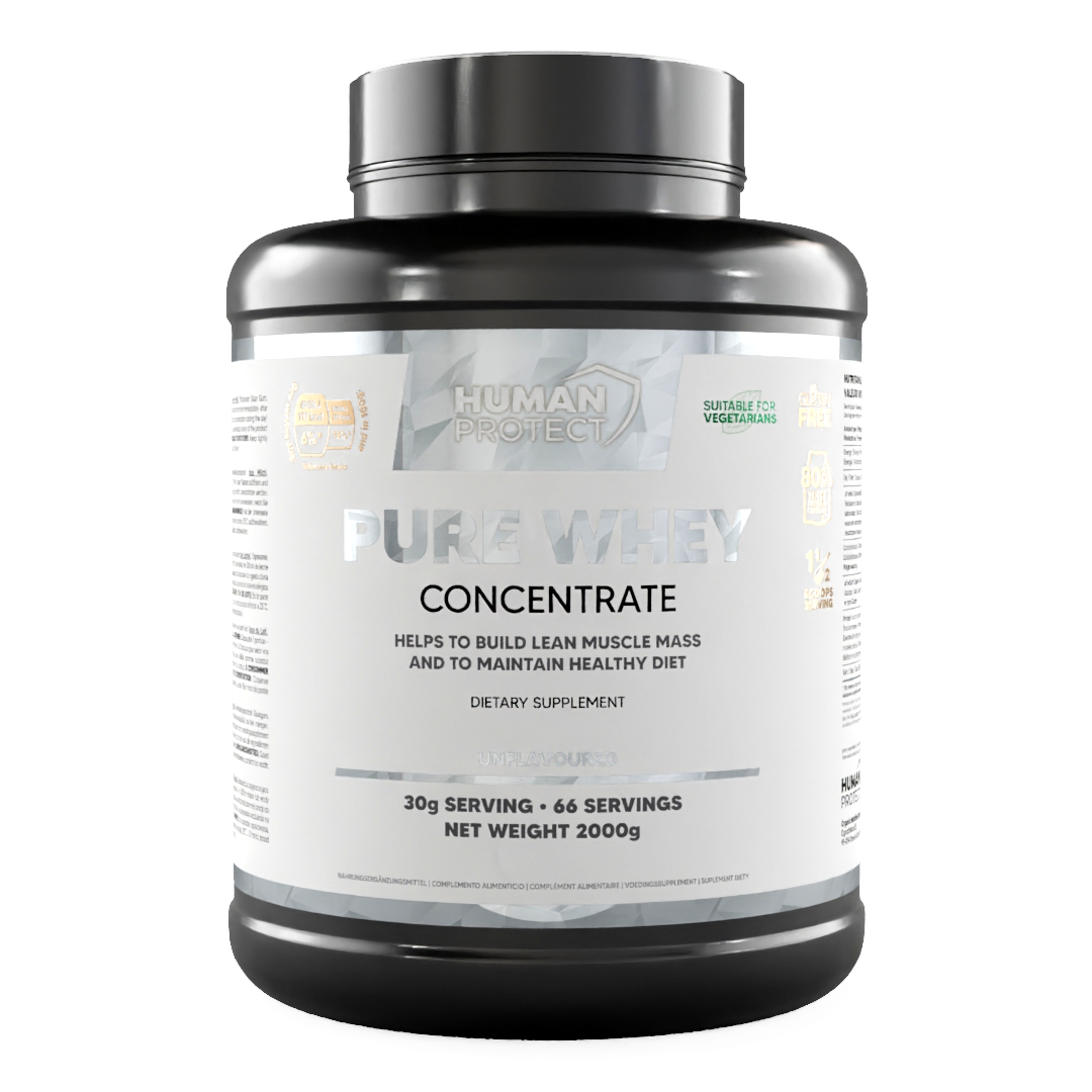 Human Protect Pure Whey Concentrate protein tub, front label, 2000 g